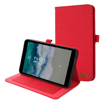 Red fabric flip tablet case with stand and card slot window