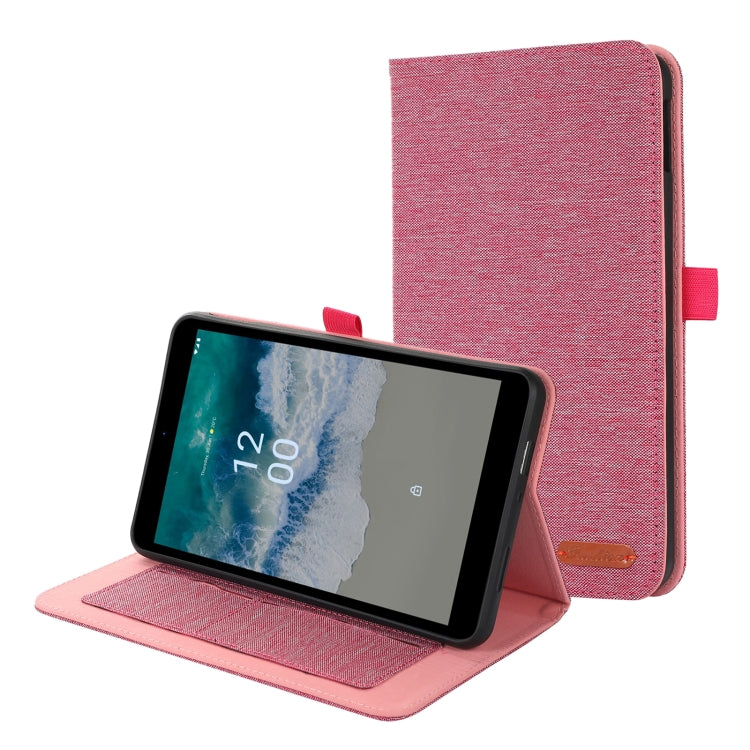 Rose red fabric flip tablet case with stand and card slot window