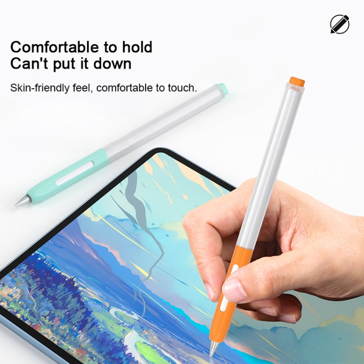 Orange silicone stylus protective sleeve over white pen body, metal tip