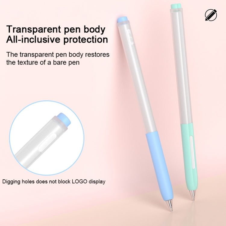 Blue and mint stylus silicone protective covers on clear pen bodies, metal tips
