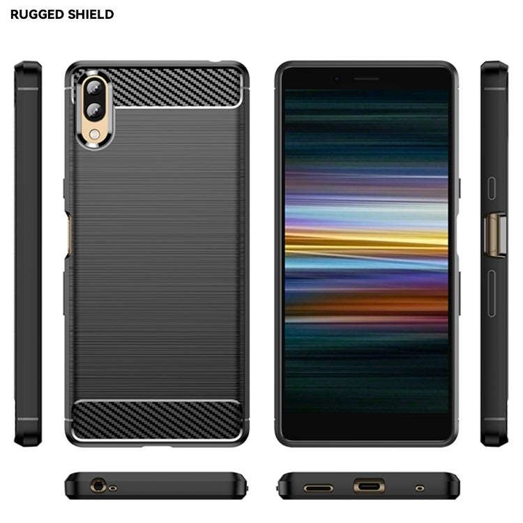 Brushed texture carbon fiber TPU phone case, black with front, back, and side views