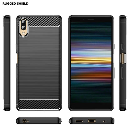 Brushed texture carbon fiber TPU phone case, black with front, back, and side views