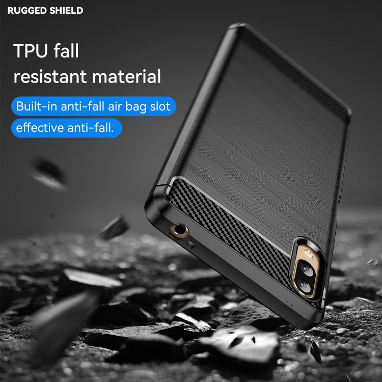 Brushed texture carbon fiber TPU phone case, black, angled with carbon fiber side panel