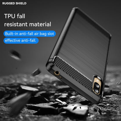 Brushed texture carbon fiber TPU phone case, black, angled with carbon fiber side panel
