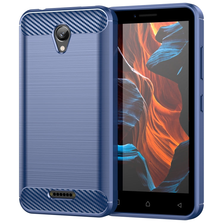 Blue TPU phone case with brushed finish and carbon-fiber texture accents, cutouts
