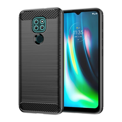 Black TPU phone case with brushed texture and carbon-fiber corner accents, cutouts