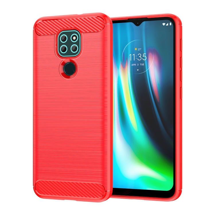 Red TPU phone case with brushed texture and carbon-fiber corner accents, cutouts