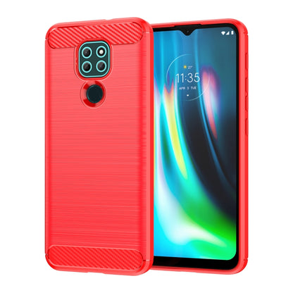 Red TPU phone case with brushed texture and carbon-fiber corner accents, cutouts