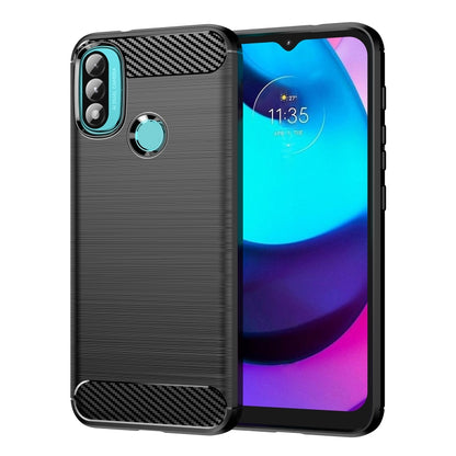 Black TPU phone case with brushed finish and carbon-fiber top and bottom accents