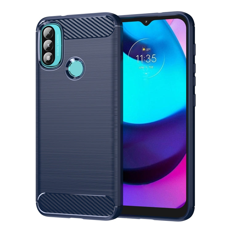 Blue TPU phone case with brushed finish and carbon-fiber top and bottom accents