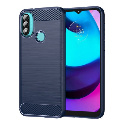 Blue TPU phone case with brushed finish and carbon-fiber top and bottom accents