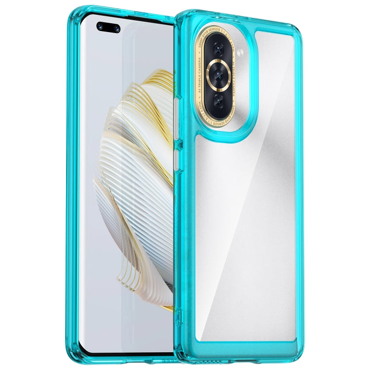 Acrylic TPU phone case with teal bumper, transparent back, raised camera ring