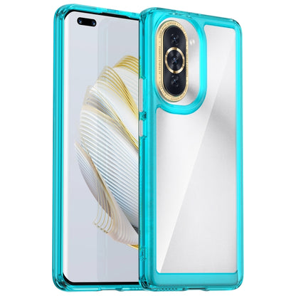 Acrylic TPU phone case with teal bumper, transparent back, raised camera ring