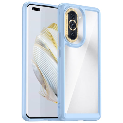 Acrylic TPU phone case with light blue bumper, transparent back, raised camera ring