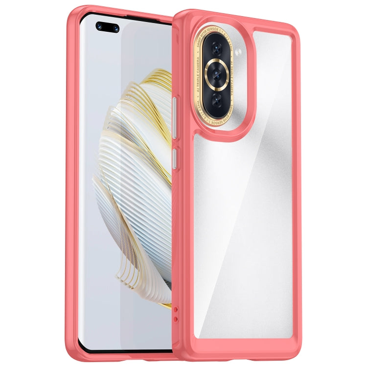 Acrylic TPU phone case with red bumper, transparent back, raised camera ring