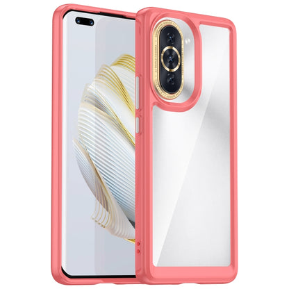 Acrylic TPU phone case with red bumper, transparent back, raised camera ring