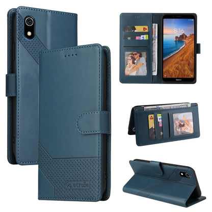 Blue magnetic leather wallet phone case with folio cover and card slots