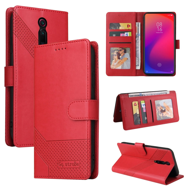 Red magnetic leather flip phone case with card slots and wallet flap