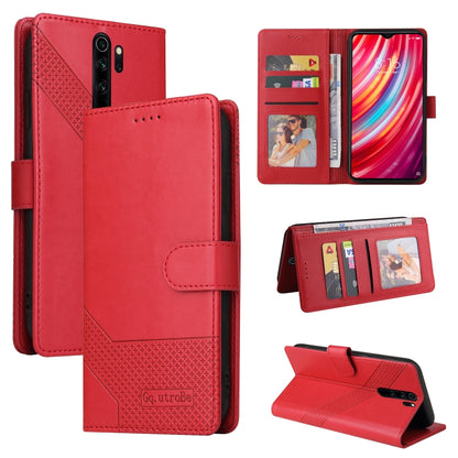 Red leather folio phone case with magnetic closure, card slots, stand, diagonal texture