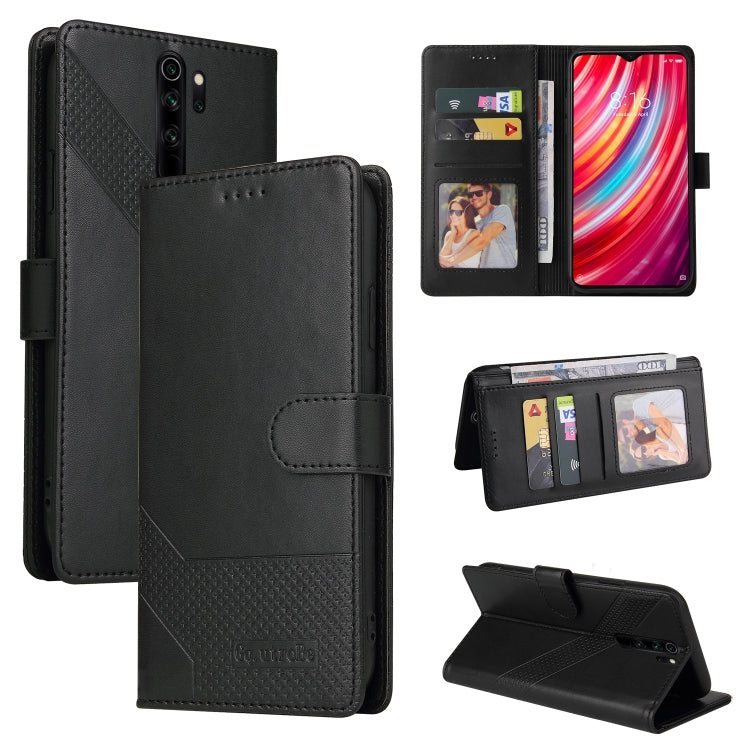 Black leather folio phone case with magnetic closure, card slots, stand, diagonal texture