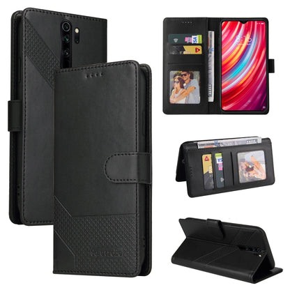 Black leather folio phone case with magnetic closure, card slots, stand, diagonal texture