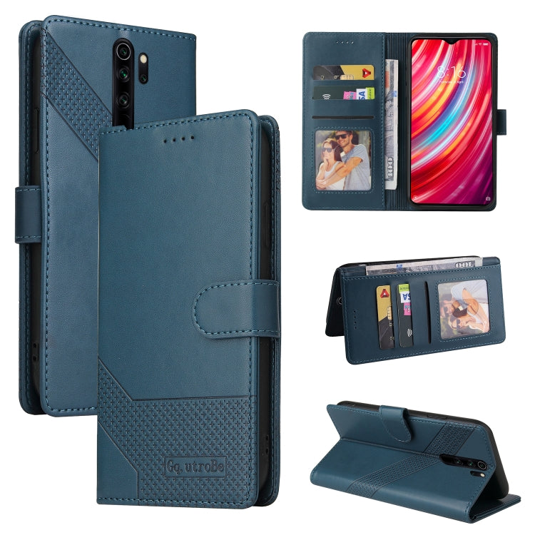Blue leather folio phone case with magnetic closure, card slots, stand, diagonal texture