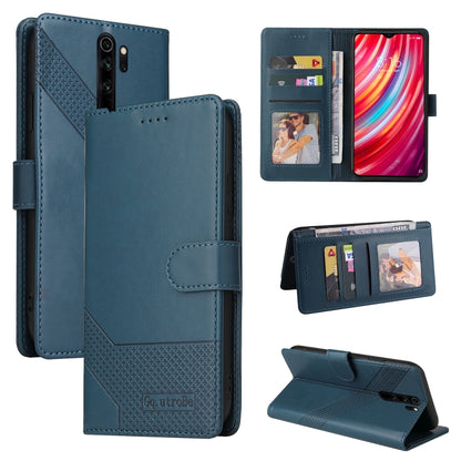 Blue leather folio phone case with magnetic closure, card slots, stand, diagonal texture
