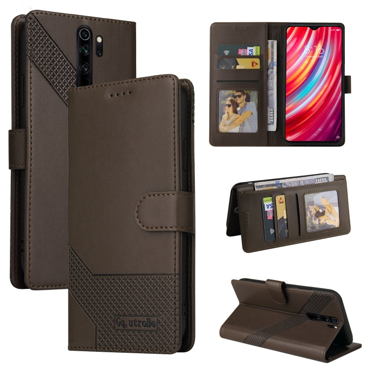 Brown leather folio phone case with magnetic closure, card slots, stand, diagonal texture