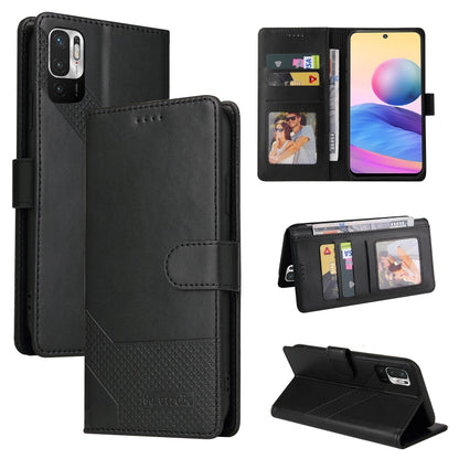 Black leather wallet-style phone case with magnetic closure, card slots, folding stand