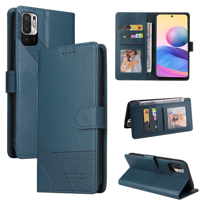Blue leather wallet-style phone case with magnetic closure, card slots, folding stand
