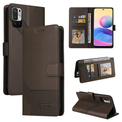 Brown leather wallet-style phone case with magnetic closure, card slots, folding stand