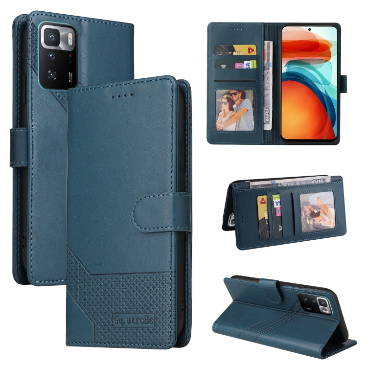 Blue magnetic leather phone wallet case with card slots and fold-out stand