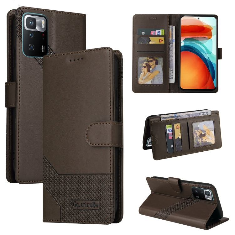 Brown magnetic leather phone wallet case with card slots and fold-out stand