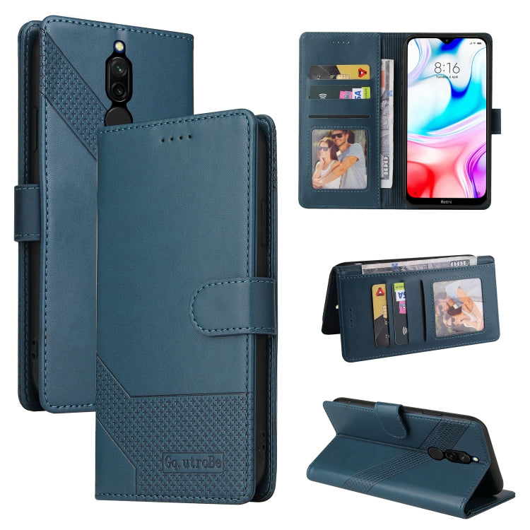 Blue magnetic leather phone wallet case with card slots and kickstand view