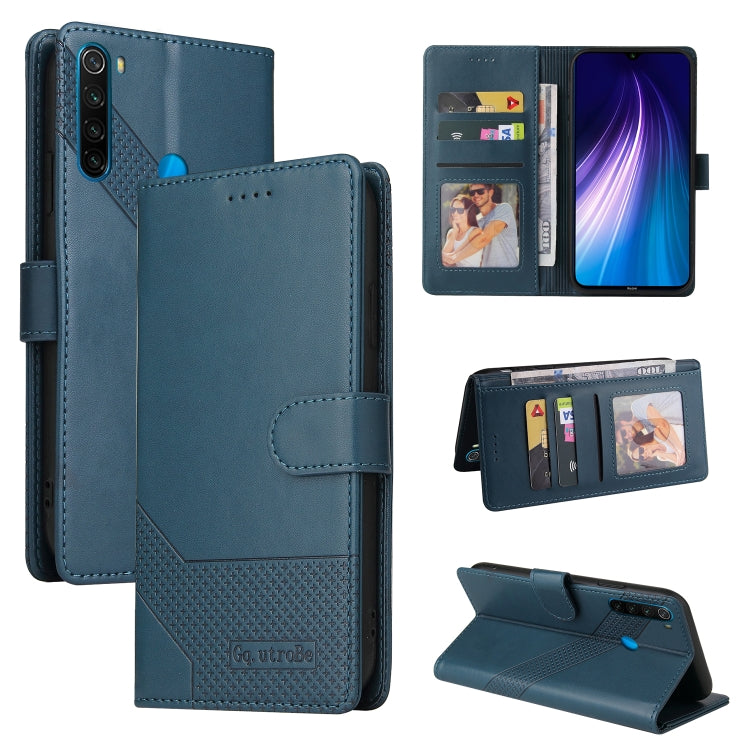 Dark blue magnetic leather phone case with folio cover, card slots, and kickstand