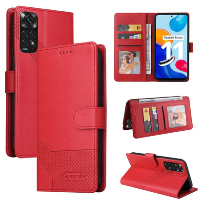 Red magnetic leather folio phone case with card slots and camera cutout.