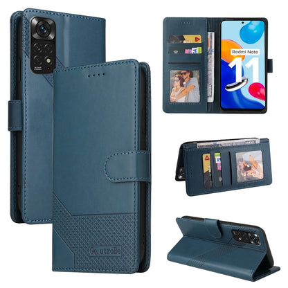 Blue magnetic leather folio phone case with card slots and camera cutout.