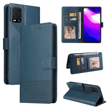 Blue magnetic leather phone case with wallet card slots and fold-out stand