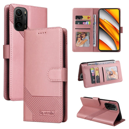 Rose gold magnetic leather phone case with folio cover, card slots, and kickstand