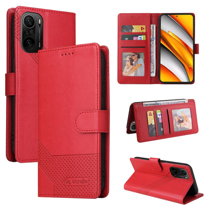 Red magnetic leather phone case with folio cover, card slots, and kickstand