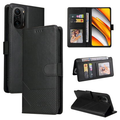 Black magnetic leather phone case with folio cover, card slots, and kickstand