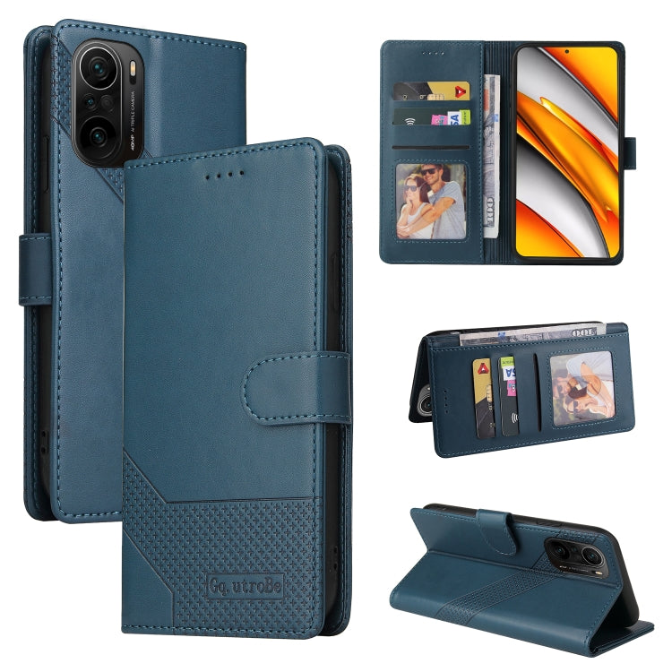 Blue magnetic leather phone case with folio cover, card slots, and kickstand