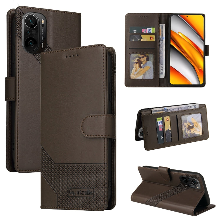 Brown magnetic leather phone case with folio cover, card slots, and kickstand