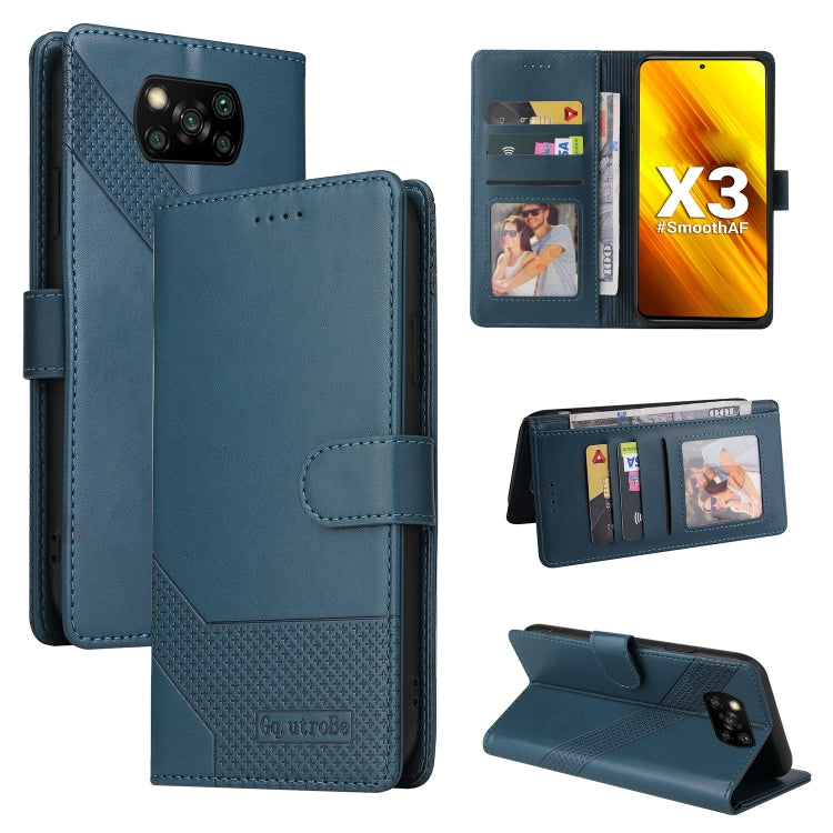 Blue wallet-style magnetic leather phone case with flip cover and card pockets