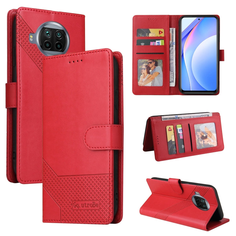 Magnetic leather phone wallet case in red, with card slots and flip stand