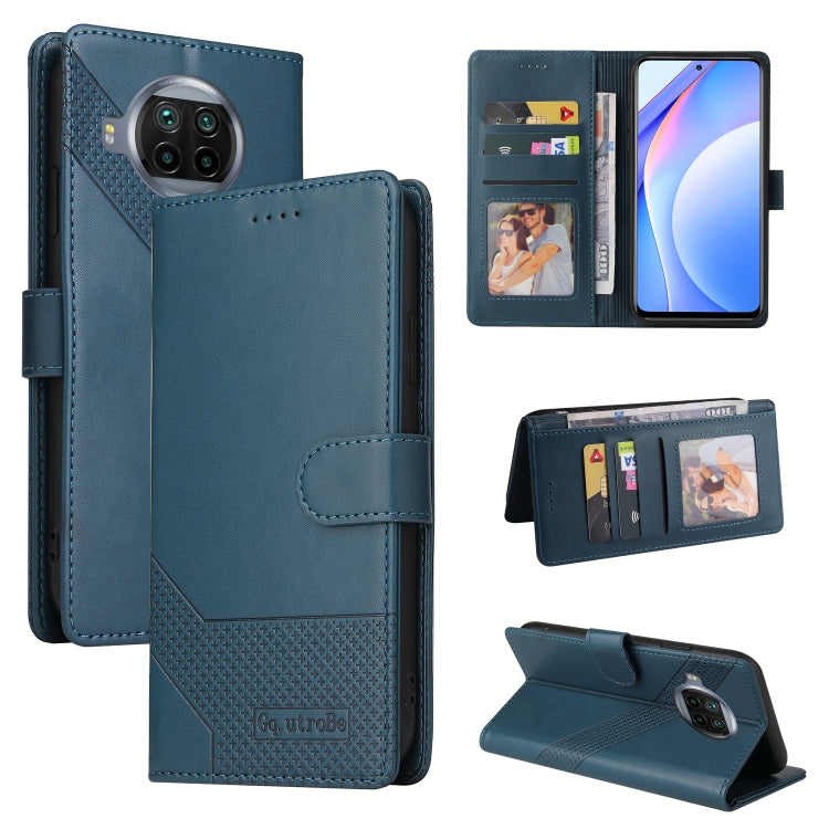 Magnetic leather phone wallet case in blue, with card slots and flip stand