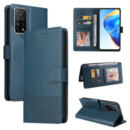 Magnetic leather phone wallet case in blue, with card slots and flip stand