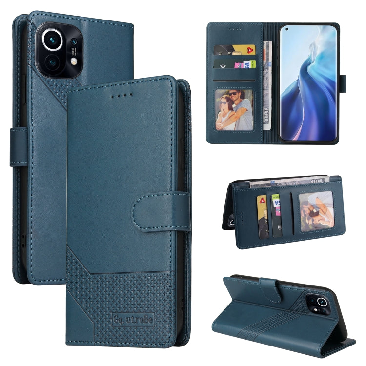 Blue magnetic leather phone case with card slots and folio stand cover.