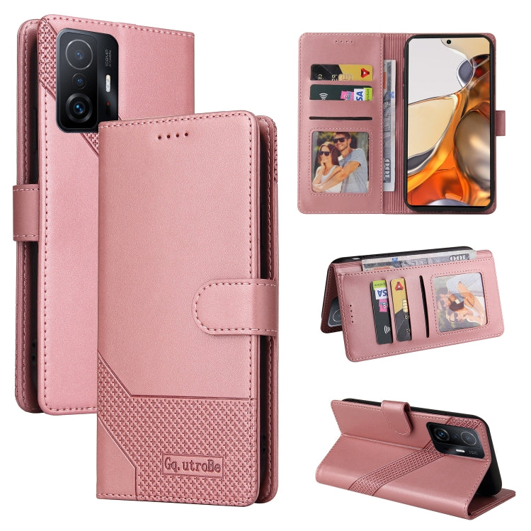 Rose gold magnetic leather phone case with card slots and flip cover protection.