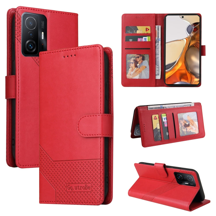 Red magnetic leather phone case with card slots and flip cover protection.